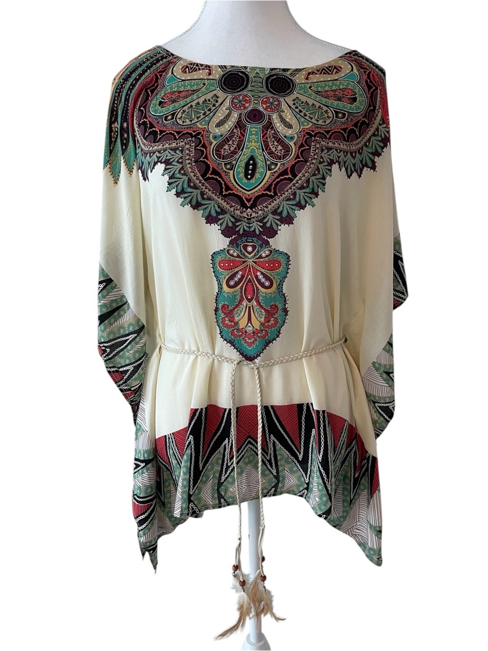 Lady Dutch Boho Cream Tunic Top with Green & Red Print Size XS With Belt